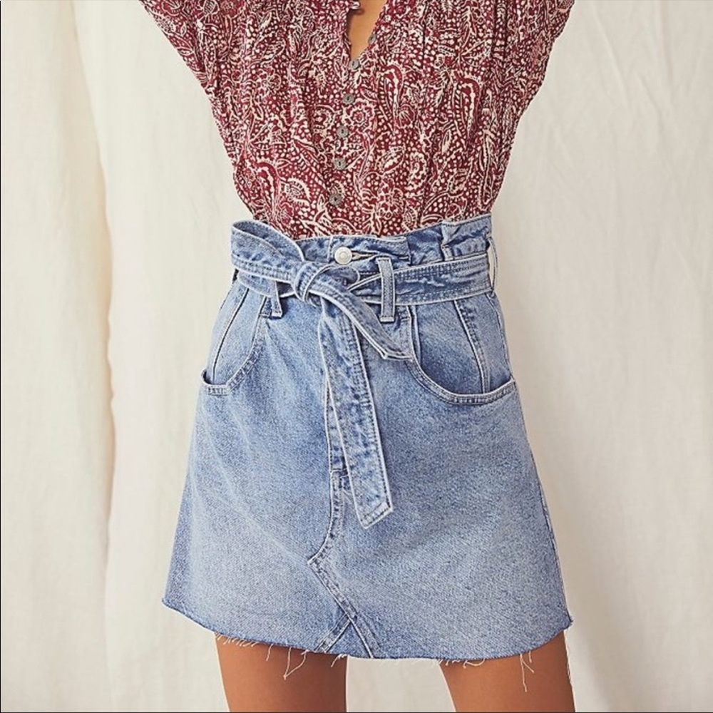 Free People Denim Blue Mini Skirt Button Fly Belted